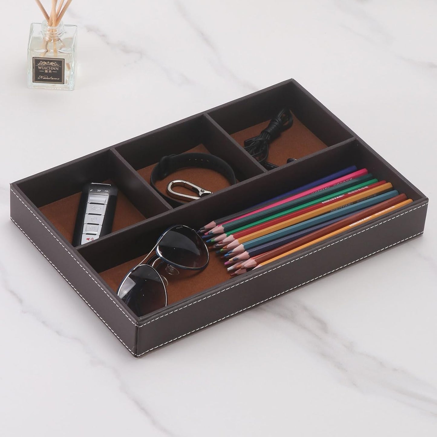 Desktop Storage Organizer, Nightstand or Dresser Organizer, Valet Tray, Entry Table Organizer, Modern bedside Box,PU Leather Drawer Storage Organizer Decorative Trays.