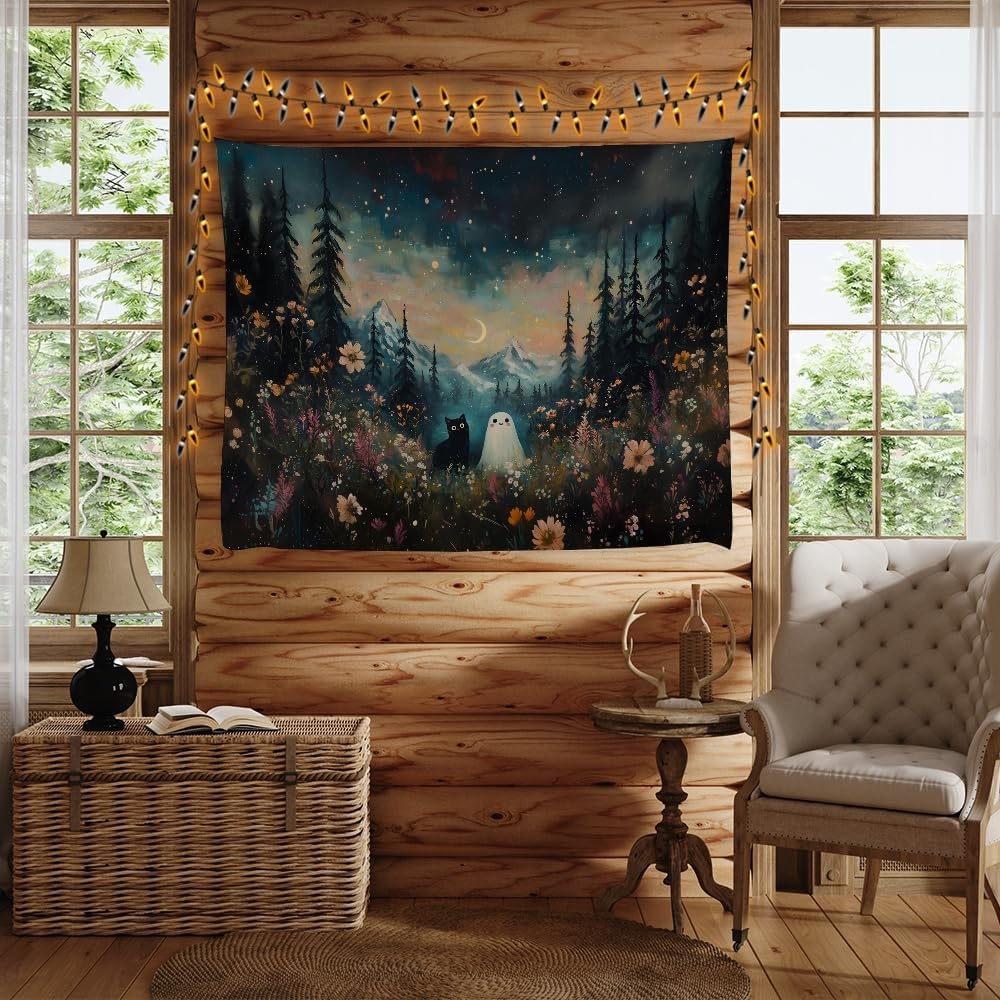 Whimsical Halloween Tapestry Wall Hanging Ghost and Black Cat in Magical Forest Wildflowers Meadow Tapestry Art Print Charming Spooky Fall Season Tapestries for Living Room Bedroom Decor 30x40inch