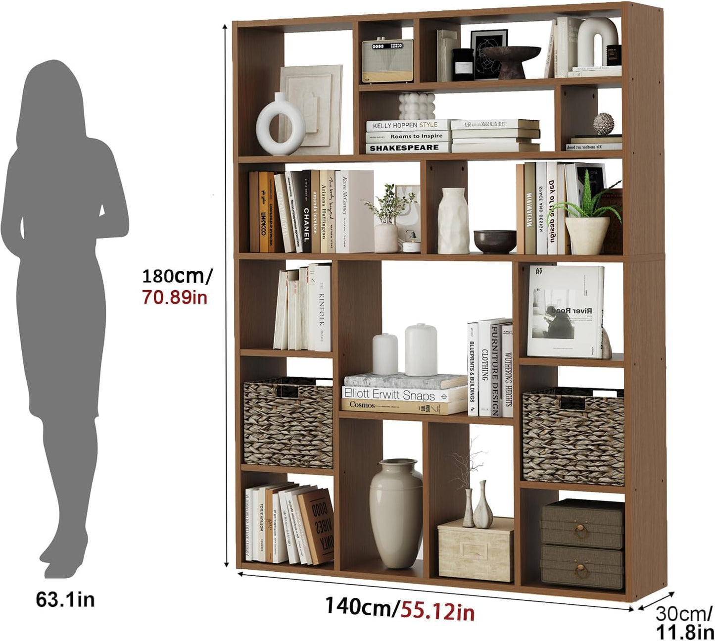 6-Tier Large Open Bookcase 71” Tall Sturdy Wooden Bookshelf with Baskets,Modern Style 16-Cube Home Display Shelf for Bedroom, Living Room（Oak Color）