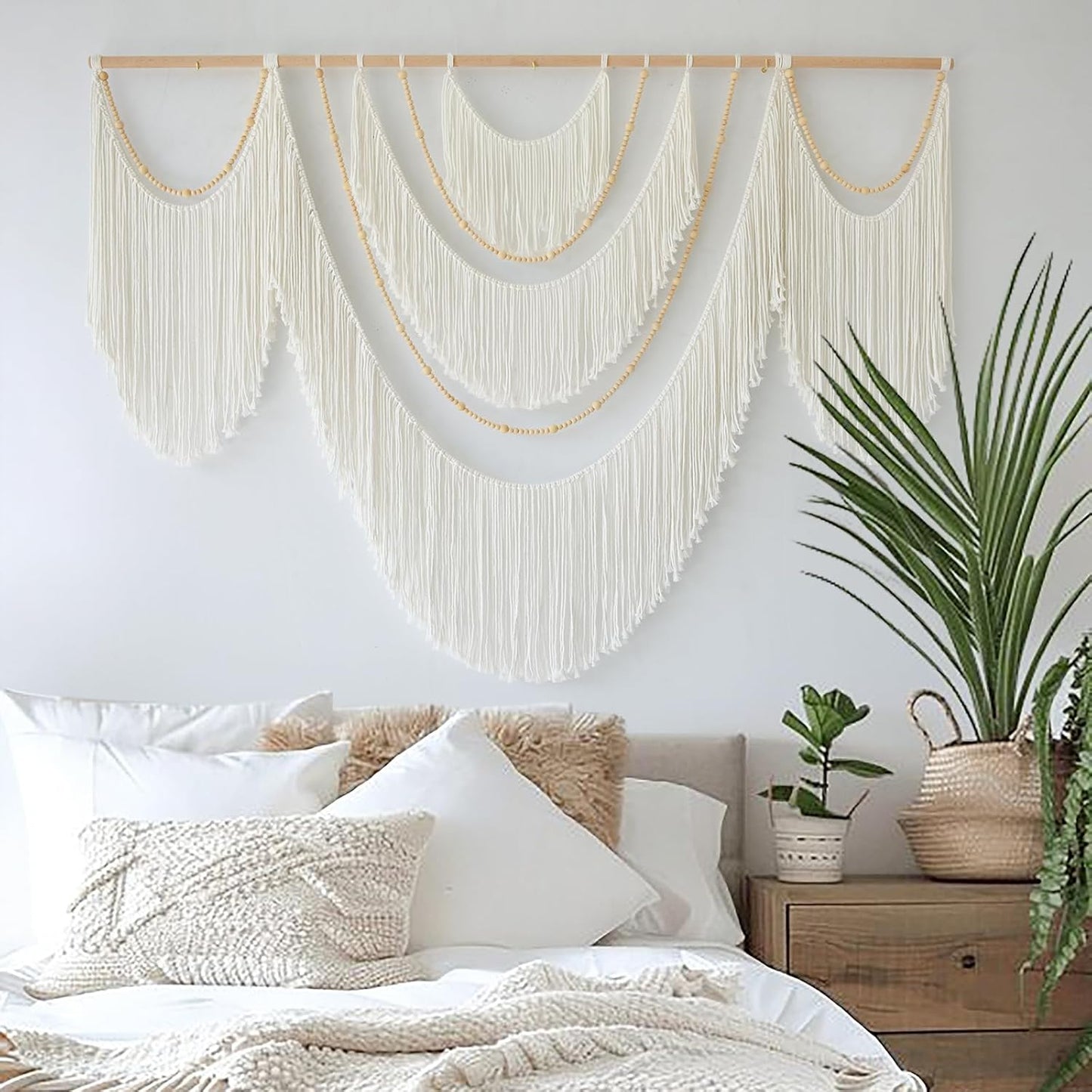 Flber Large Macrame Wall Hanging – Boho Yarn Art Garland with Tassels and Beads, Handmade Rope Decor for Nursery, Party, Wedding, Bedroom, Fireplace Mantel, or Photo Backdrop 57" W x 41" L