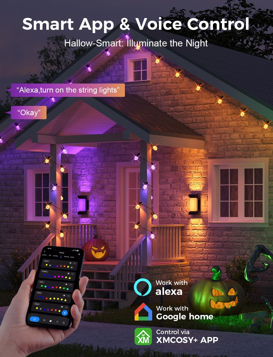 XMCOSY+ 96FT Smart Outdoor String Lights - RGBCWIC Dimmable Acrylic Bulbs, Color Changing LED Patio Lights APP WiFi Control, Compatible with Alexa, IP65 Waterproof Outdoor Lights for Backyard Porch