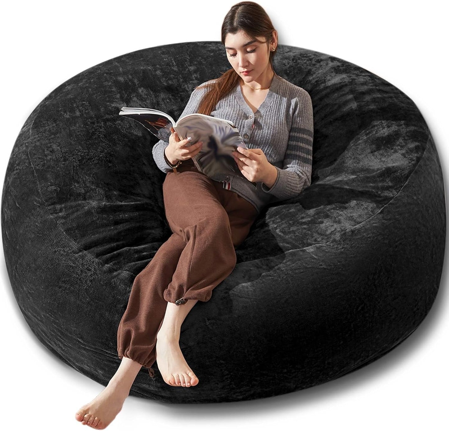 Bean Bag Chair 6Ft, Memory Foam Filled, Large Beanbag Chairs for Adults and Teens, Soft Sofa with Removable Flannel Cover, Round Couch for Living Room Bedroom College Dorm (Black, 6FT-67×67"×24")