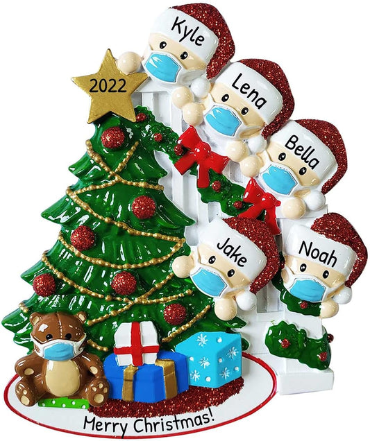 3D Masked Family of 5 Ornament 2025 Personalized Family Christmas Ornaments 2025 | Staircase Personalized Tree Ornaments for Grandchildren, Siblings & Grandkids Xmas Tree with Gifts of Five Ornament