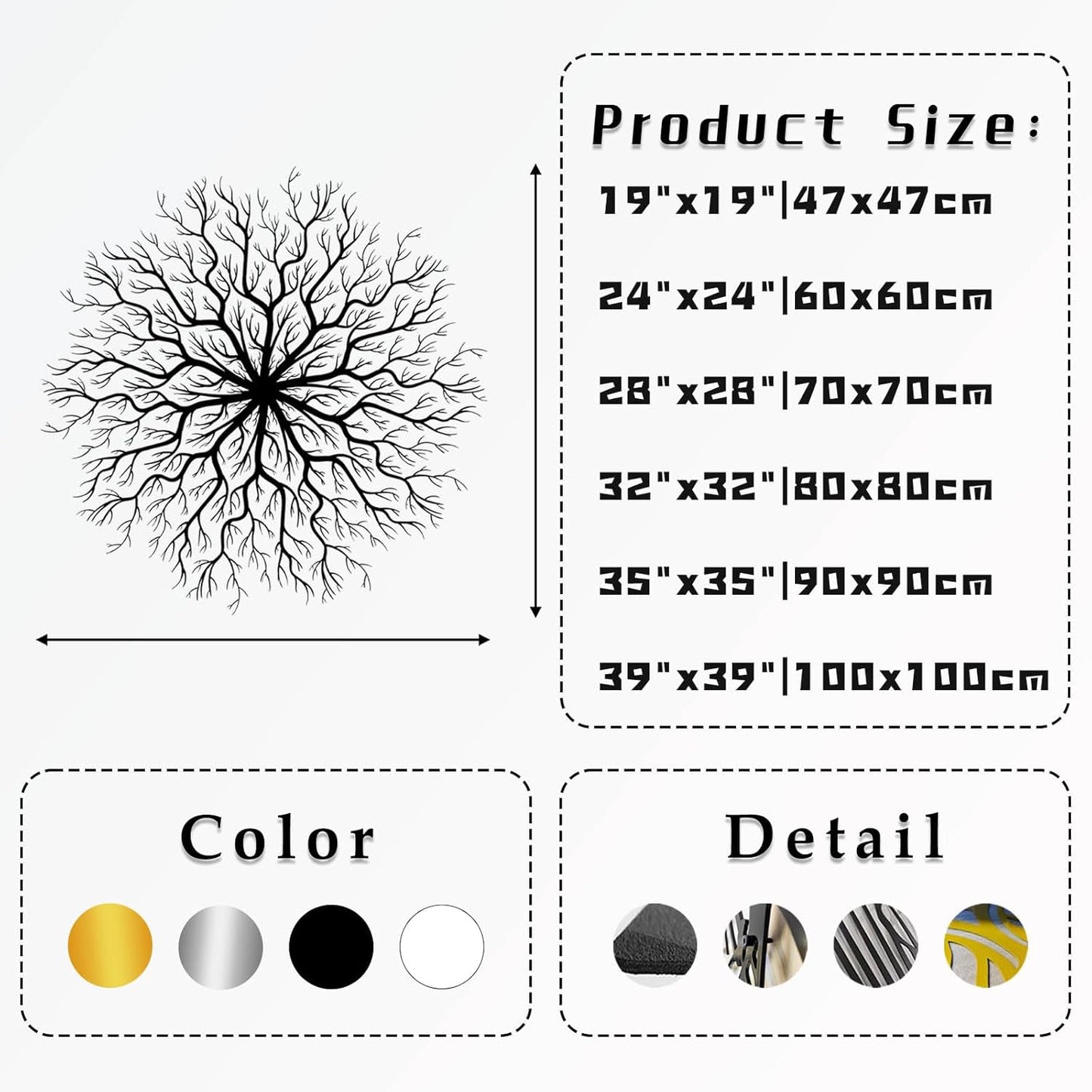 Tree of Life Metal Wall Art, Metal Tree Wall Art, Large Round Sculpture, Round Branch Wall Decor, Large Branch Artwork, Nature Sign, Wall Decor for Living Room, Housewarming Gift (White, 24"x24"|60x60cm)