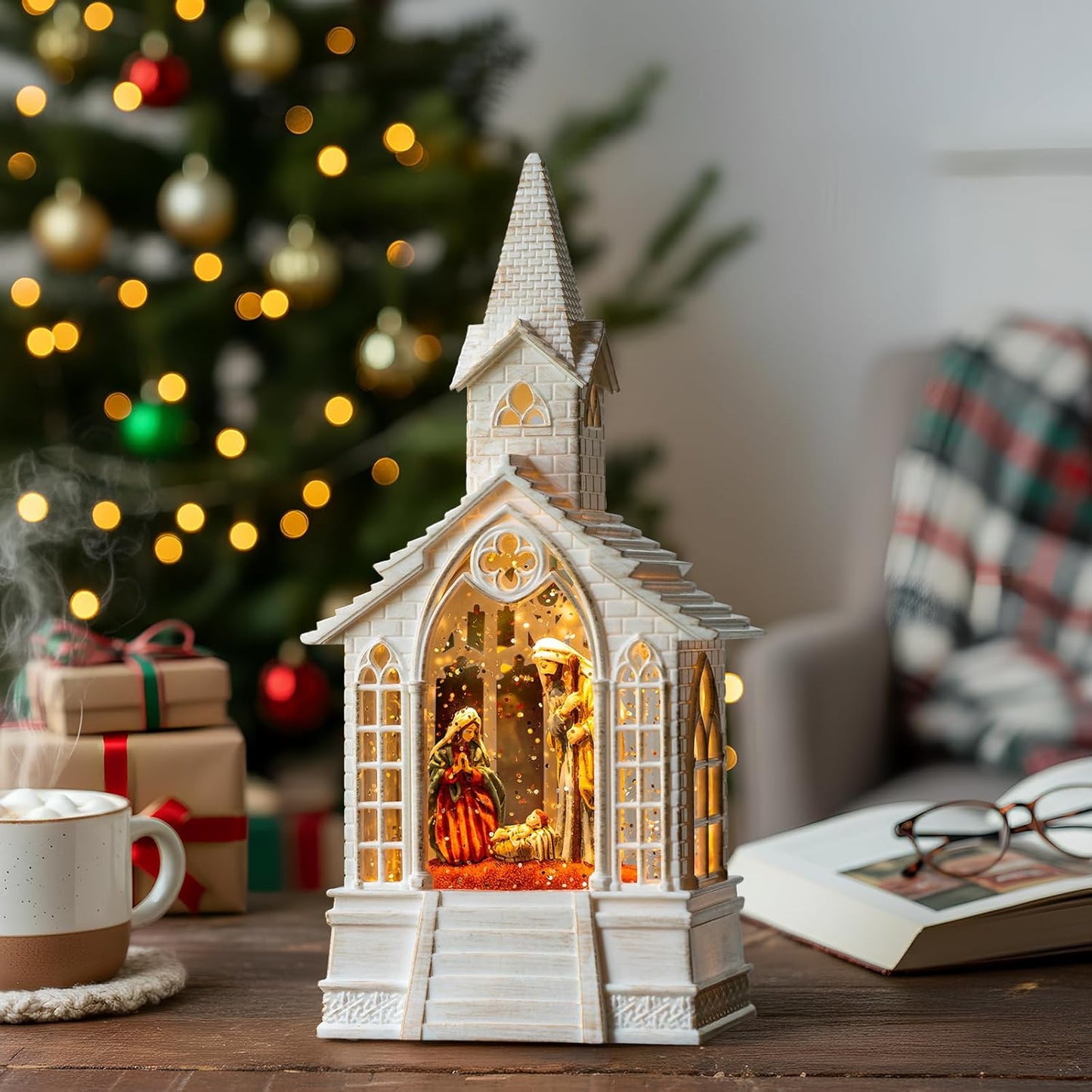 Christmas Snow Globe Lantern Musical Holy Family Lighted Water Church, USB Lined/Battery Operated Lighted Lantern for Christmas Festival Decoration Gifts