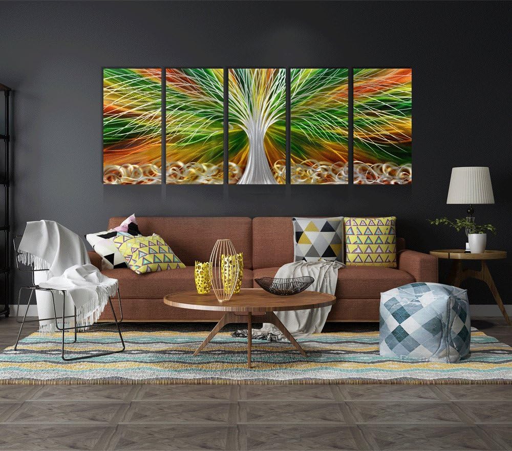 Yihui Arts Abstract Metal Wall Art - Tree Of Life Hand Crafted 5 Pieces Panels Large Big Unique 3D Aluminum Modern Contemporary Home Accent