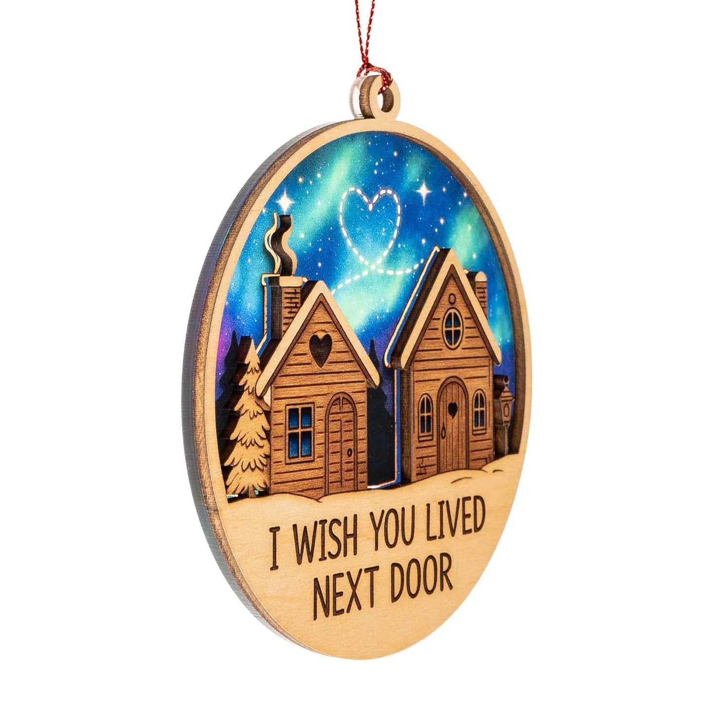 Neighbor Ornament – I Wish You Lived Next Door | Long Distance Friendship Gift – Across The Miles – Rustic Cabin Card – Christmas Holiday Décor – Suncatcher Effect Stained Glass Window – Car Hanging