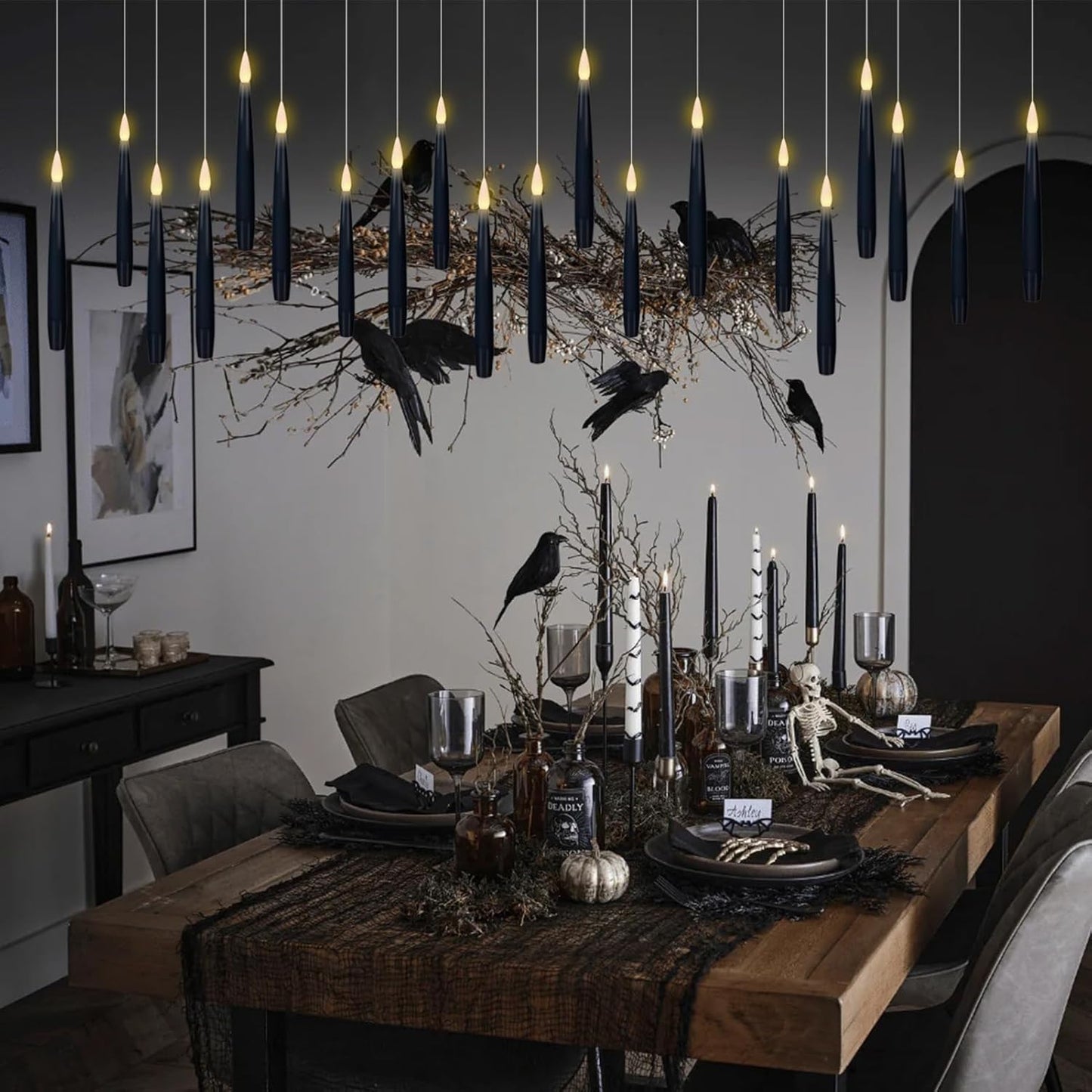 GenSwin 22pcs Flameless Floating Candle with Magic Wand Remote Timer, Battery Operated Hanging Window Candles Flickering, 6.1" LED Electric Candles for Christmas Halloween Decorations(Black)