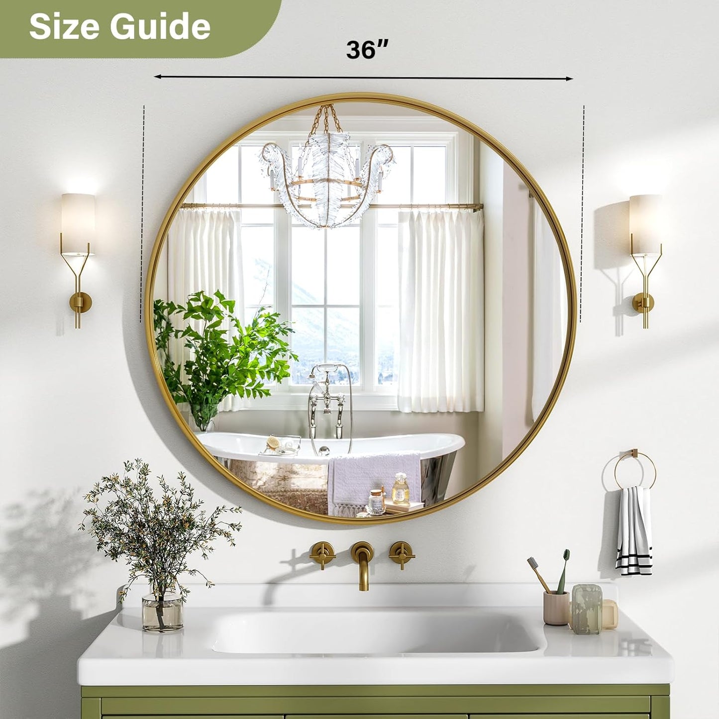 36 Inch Round Bathroom Mirror - Wall Mounted Circle Mirror with Metal Frame, Modern Mirror Suitable for Bathroom, Vanity, Entryway, Living Room, Wall Decor,Gold