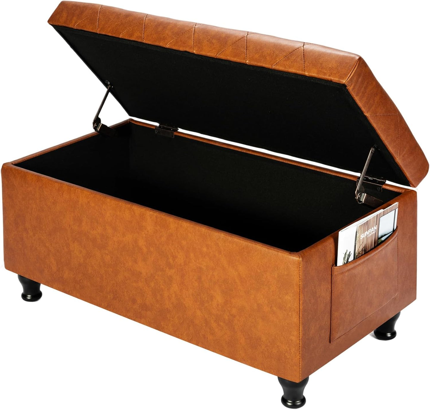 Leather Storage Ottoman Bench Rectangle 32 Inch Foot Rest Ottomans Stool for Living Room Bedroom(Yellowish Brown)