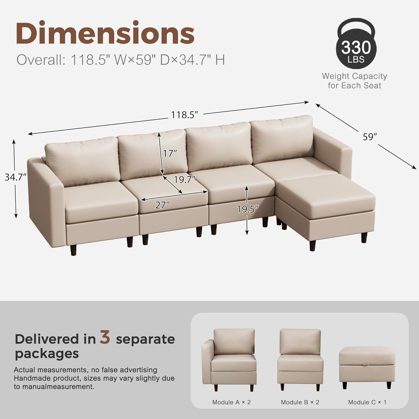 118.5" Faux Leather Modular Sectional Sofa, L Shaped Couch Set for Living Room, 5-Seater Comfy Cloud Couches with Movable Storage Ottoman,DIY Combination - Whitesand