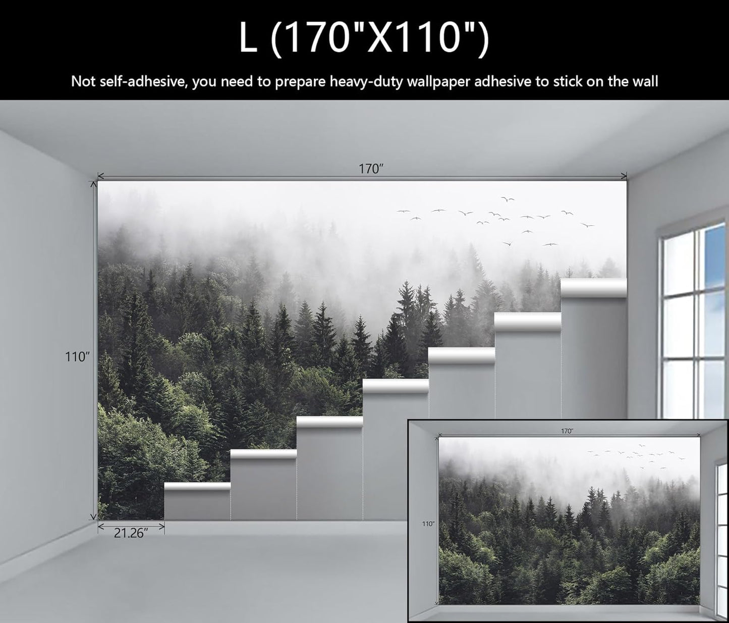 WFBHUA-Foggy Forest Woodland Wallpaper Green Nature Landscapes Wall Murals for Bedroom Living Room(Not Peel and Stick)