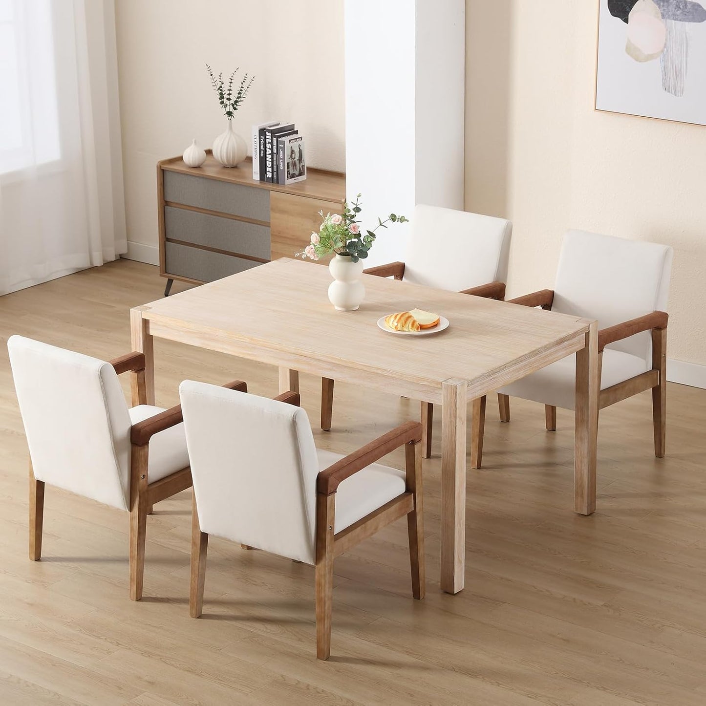 Kmax Modern Dining Chairs Set of 2 Linen Fabric Kitchen Arm Chairs Upholstered Accent Chairs with Wooden Legs for Dining Room, Living Room, Bedroom, White