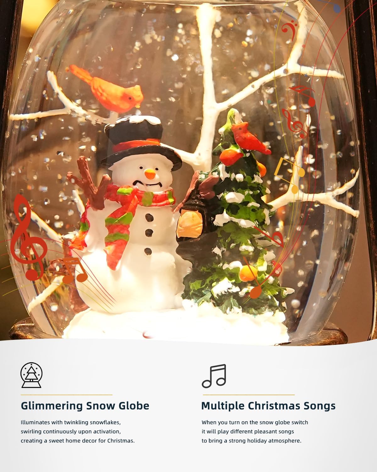 Snow Globe Christmas Decorations - Musical Christmas Snow Globes with 6H Timer,Snowman Cardinal Christmas Tree Scene Snow Globes Lantern USB or Battery Powered,Christmas Decorations Decor for Home