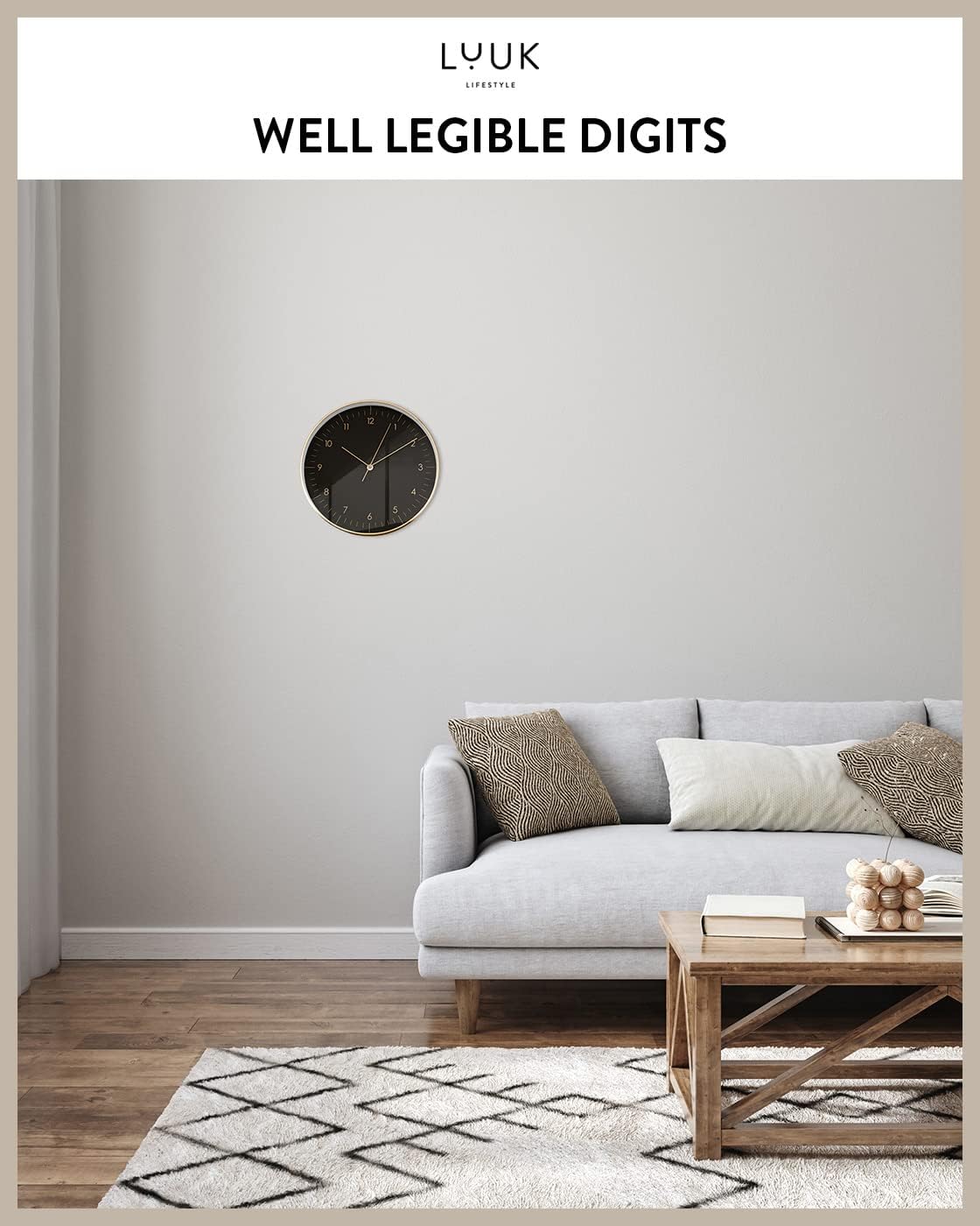 LUUK LIFESTYLE Modern Wall Clock with Silent Quartz Movement, Stylish & Functional, Decoration for Bedroom, 12 inch, in Black & Gold