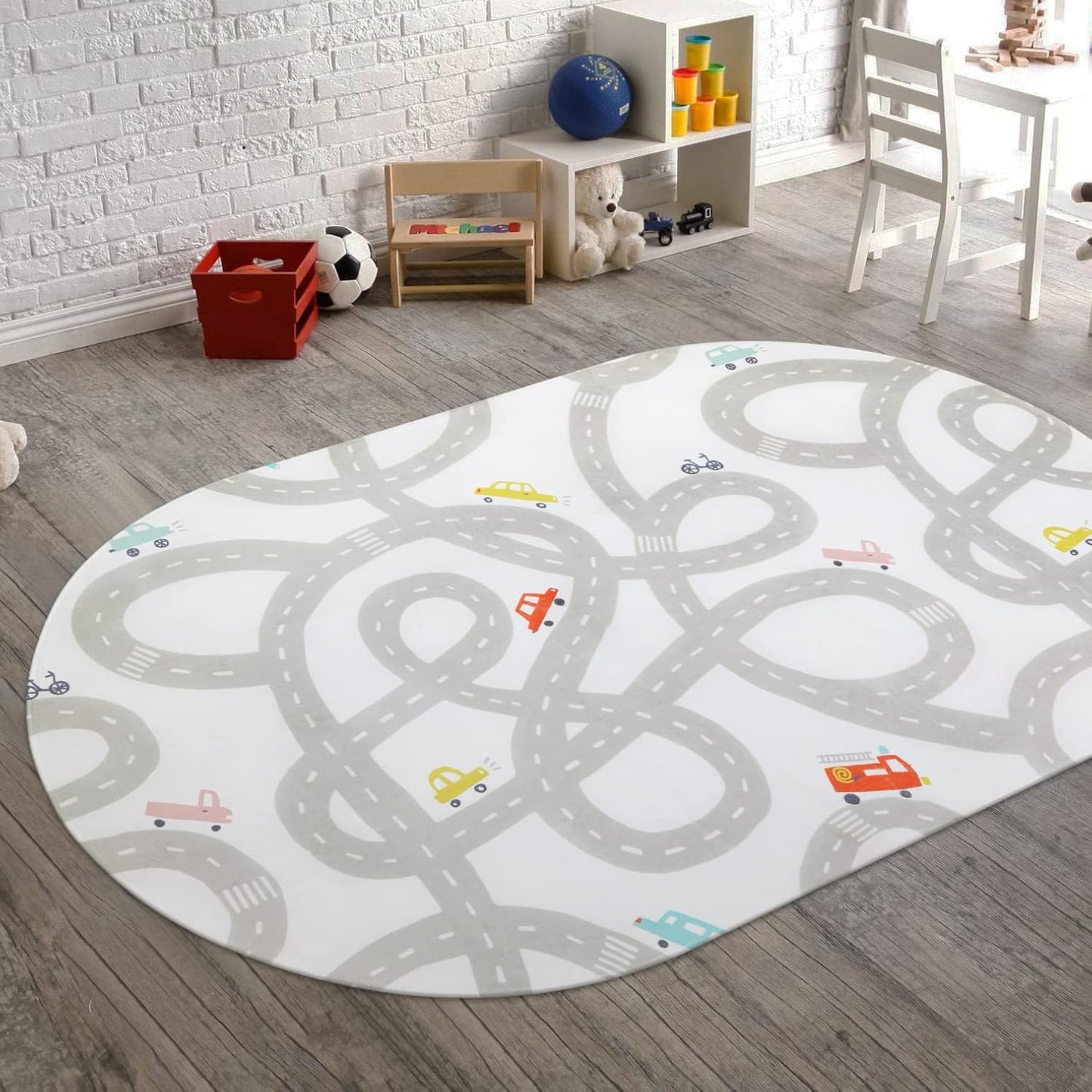 STARUIA Road Traffic Kids Rug Children Playing with Cars Playmat 4x6 Ft, Washable Play Carpet for Kids Playroom, Non-Slip Have Fun Safe Baby Nursery Rug for Toddler Boy's Bedroom Game Room Grey