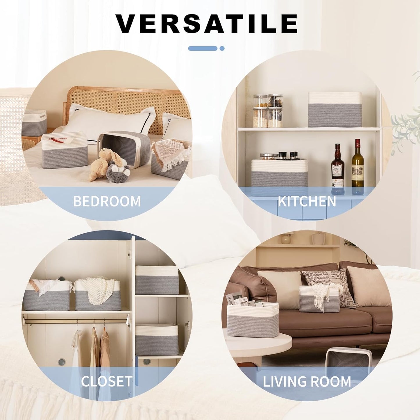 4 Pack Storage Baskets for Organizing, Woven Baskets for Shelves - Perfect for Toys, Books, Towels, and Clothes, Durable Gift Basket Bins Toy Storage, 12.7''L x9''W x7.8''H, Grey and White