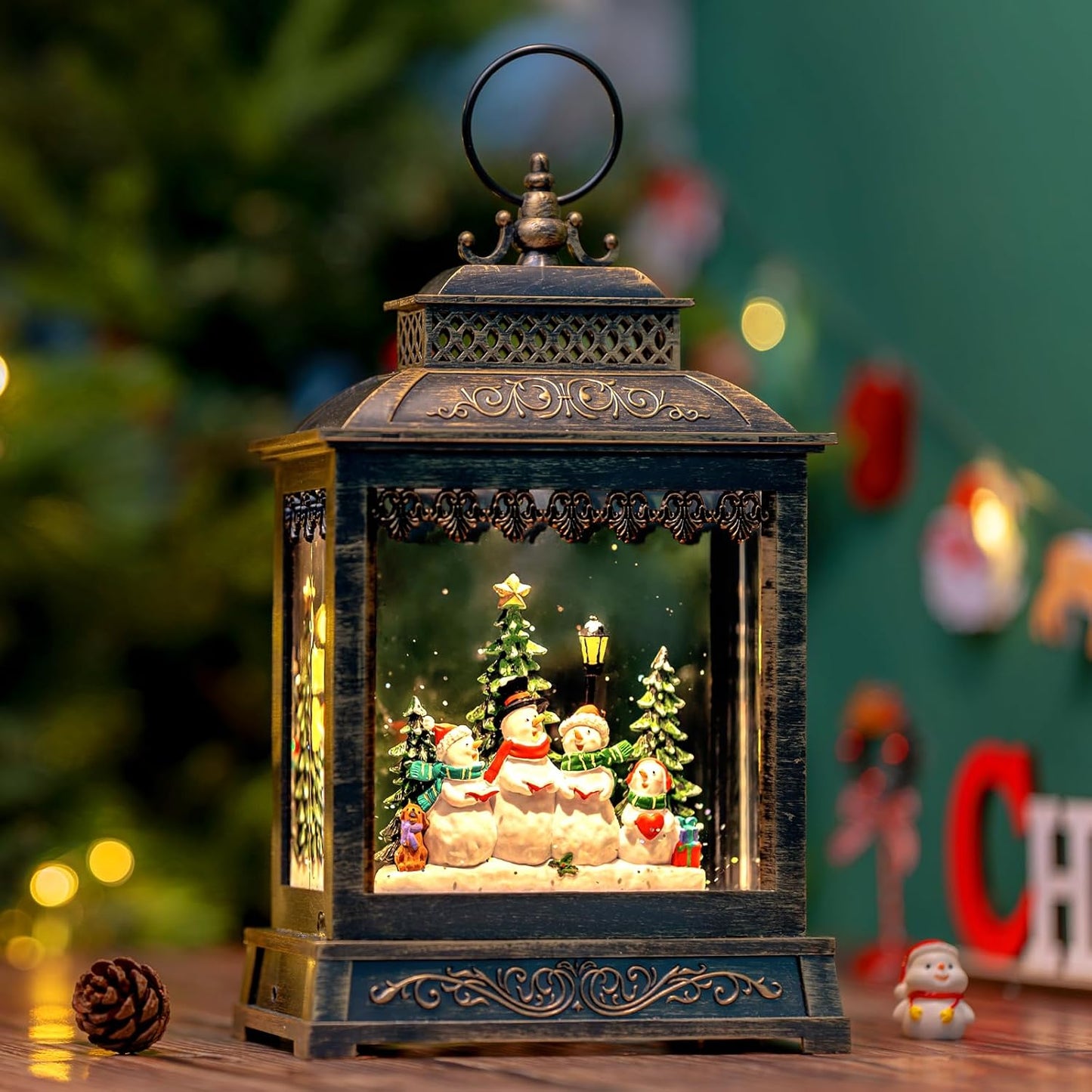 Christmas Snow Globes Lantern Christmas Snow Globe with Music Snowman Poetry,6H Timer,USB Lined/Battery Operated Lighted Lantern for Christmas Festival Decoration Gifts