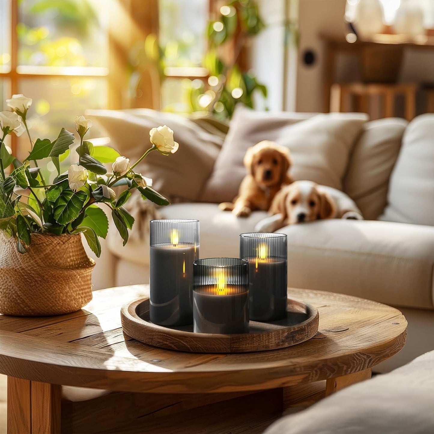 Amagic Grey Flameless Candles with Remote, Battery Operated Candles with Timer, Ribbed Glass LED Pillar Candles with Flickering Flame for Spooky Halloween Party Decor, Real Wax, Set of 3