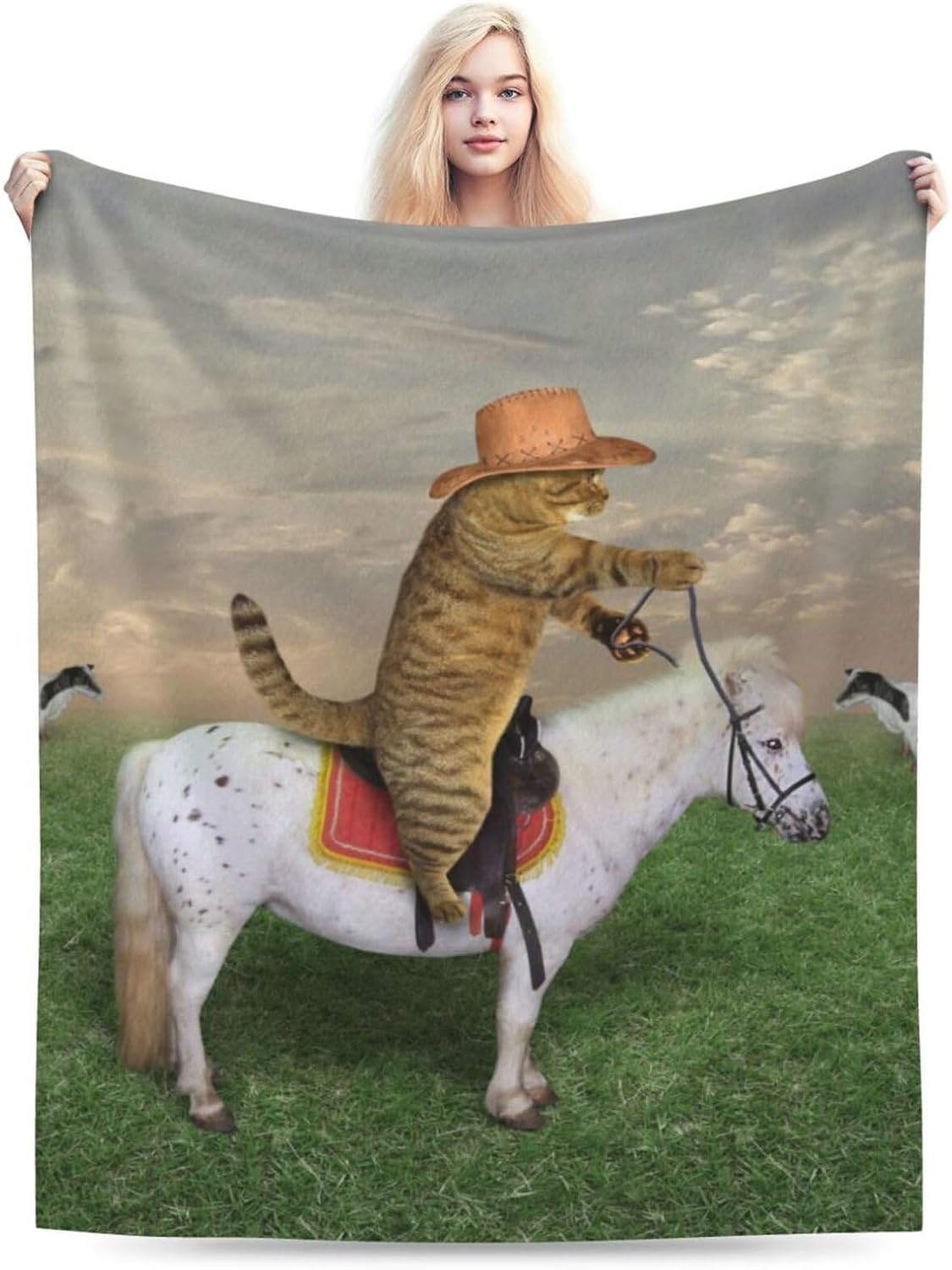 HGOD DESIGNS Funny Cat Throw Blanket Ultra Soft Warm All Season The Cat Cowboy on a Horse Decorative Fleece Blankets for Bed Chair Car Sofa Couch Bedroom 50"X60"