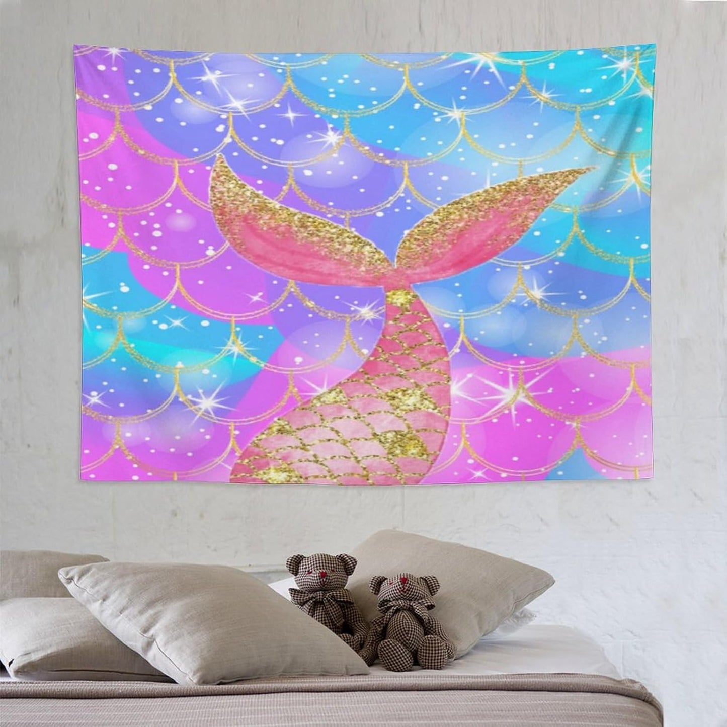 HZOHNAGO Mermaid Scales Tapestry Colorful Shiny Scales Mermaid Tail Pattern Printed Wall Tapestry Wall Hanging for Bedroom Living Room Dorm 80" W x 60" H