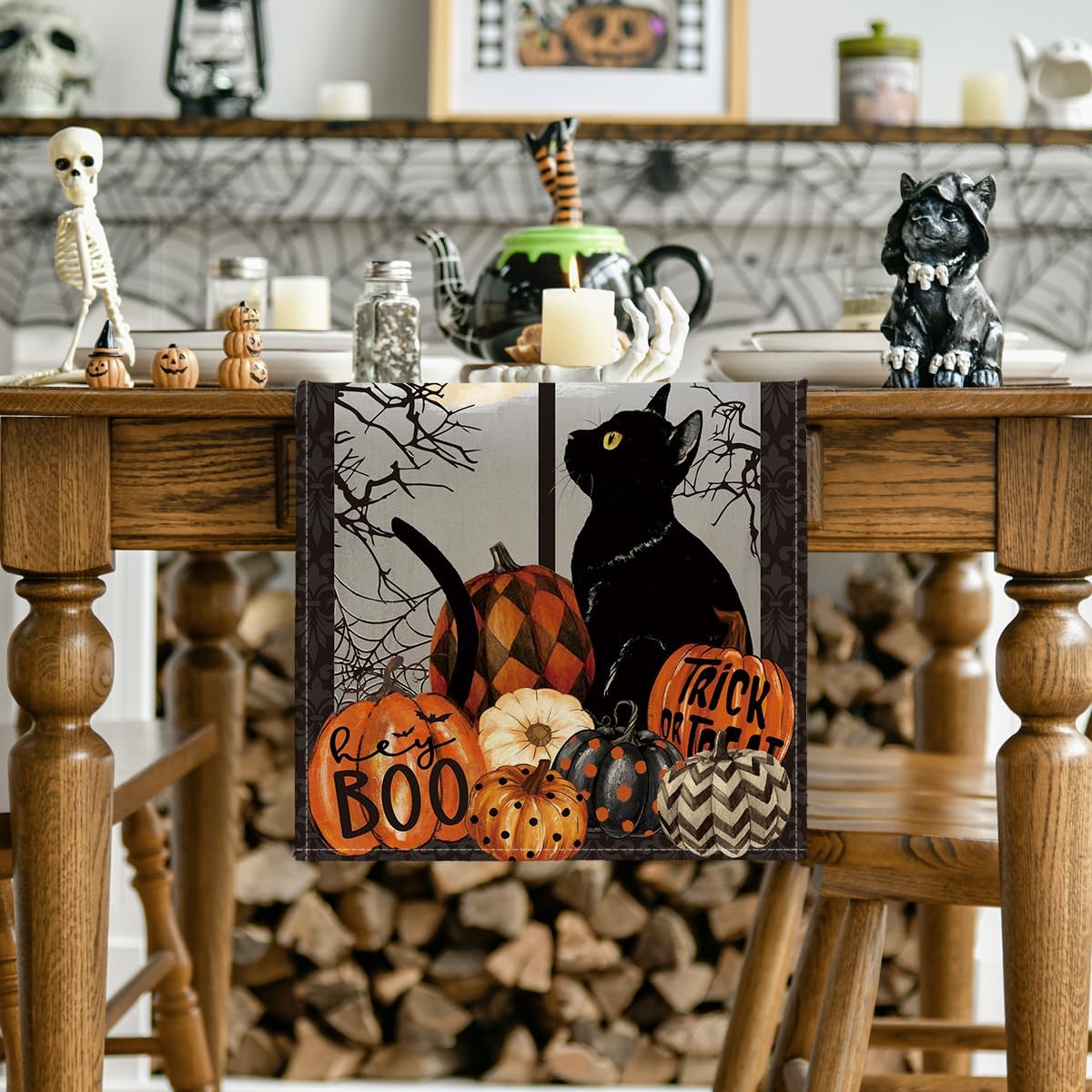 Artoid Mode Black Cat Pumpkins Boo Halloween Table Runner, Trick Or Treat Seasonal Kitchen Dining Table Decoration for Home Party Decor 13x90 Inch