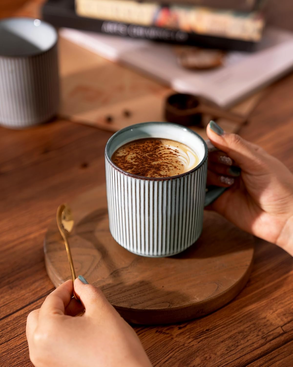 famiware Coffee Mug Set for 6, Star 12 oz Catering Mugs Cup Set with Handle for Coffee, Tea, Cocoa, Milk - Ceramic Stoneware Drinkware Set, Smoky Blue