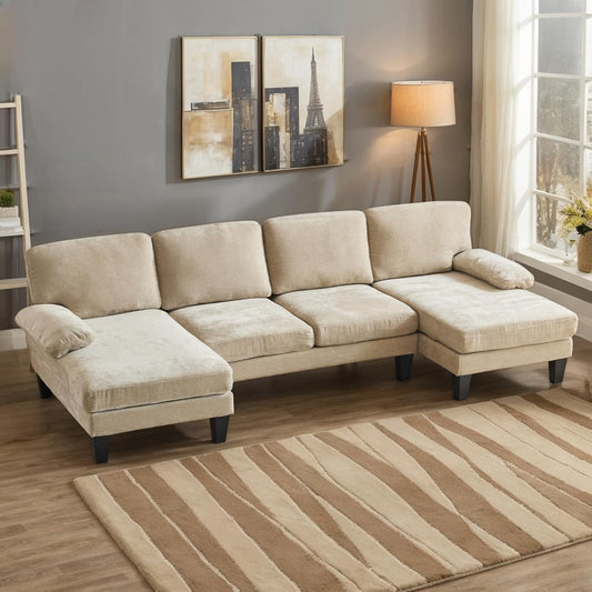 Karl home U-Shape Sectional Sofa Couch 111" Modern 4-Seat Sofa with Chaises Chenille Fabric Upholstered Covertible Couch with Wood Grain Legs for Living Room, Reception Room, Apartment, Khaki