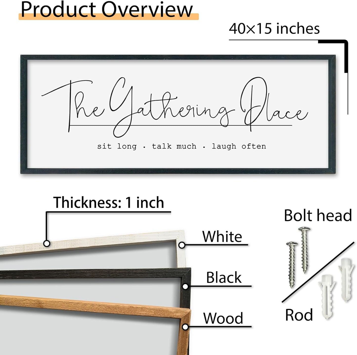 SRSZHIYUE The Gathering Place Sign Wall Decor Art 40"×15" for Large Kitchen Dining Room Wood Framed Wall Hanging (Black)