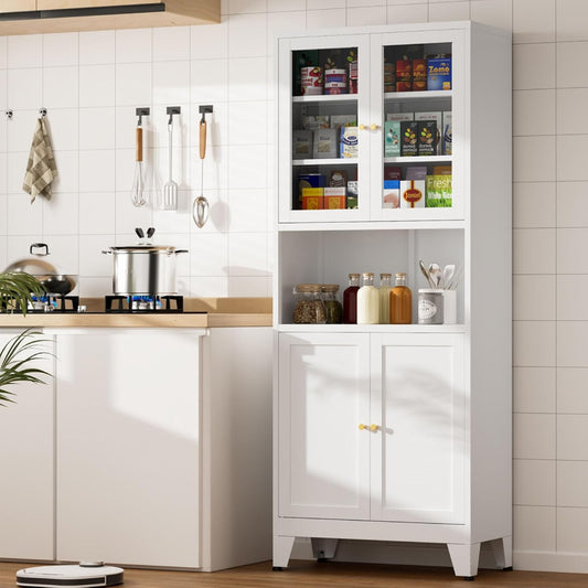 69" Tall Pantry Cabinet, Kitchen Storage Cabinet with 2 Glass Doors and Adjustbale Shelves, Freestanding Metal Cupboards for Dining Room, Living Room, Bathroom