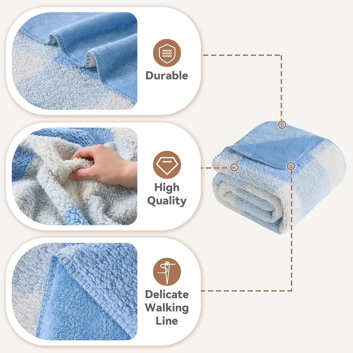 LURKA Checkered Sherpa Fleece Throw Blanket - Extra Thick and Warm Winter Soft Fuzzy Plush Blanket for Couches, Beds & Pets, Glacier, 50x60 Inches