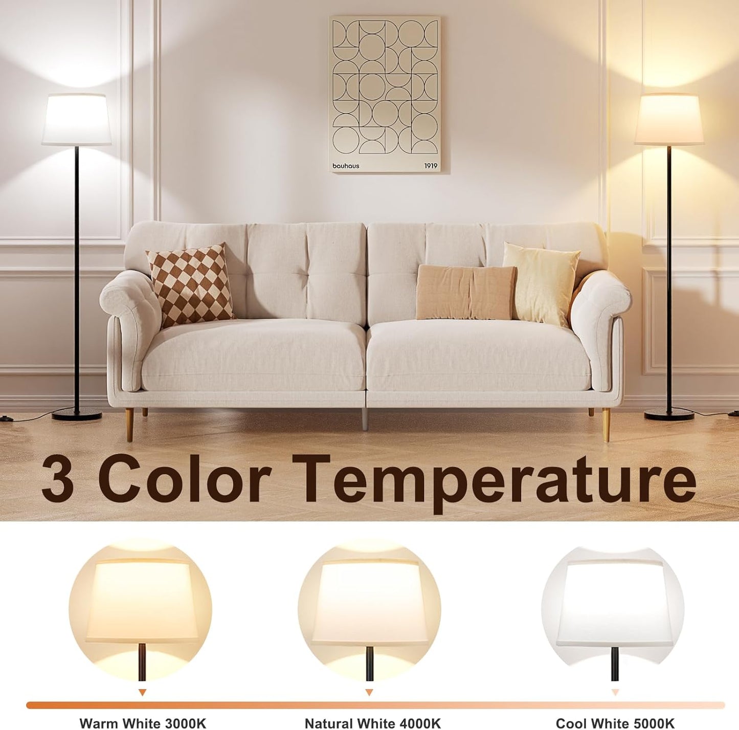 Floor Lamps for Living Room - 3 Color Temperatures Standing Lamp with White Shade, Modern Floor Lamp with LED Bulbs, Black Tall Lamp for Bedroom Office(9W Bulb Included)