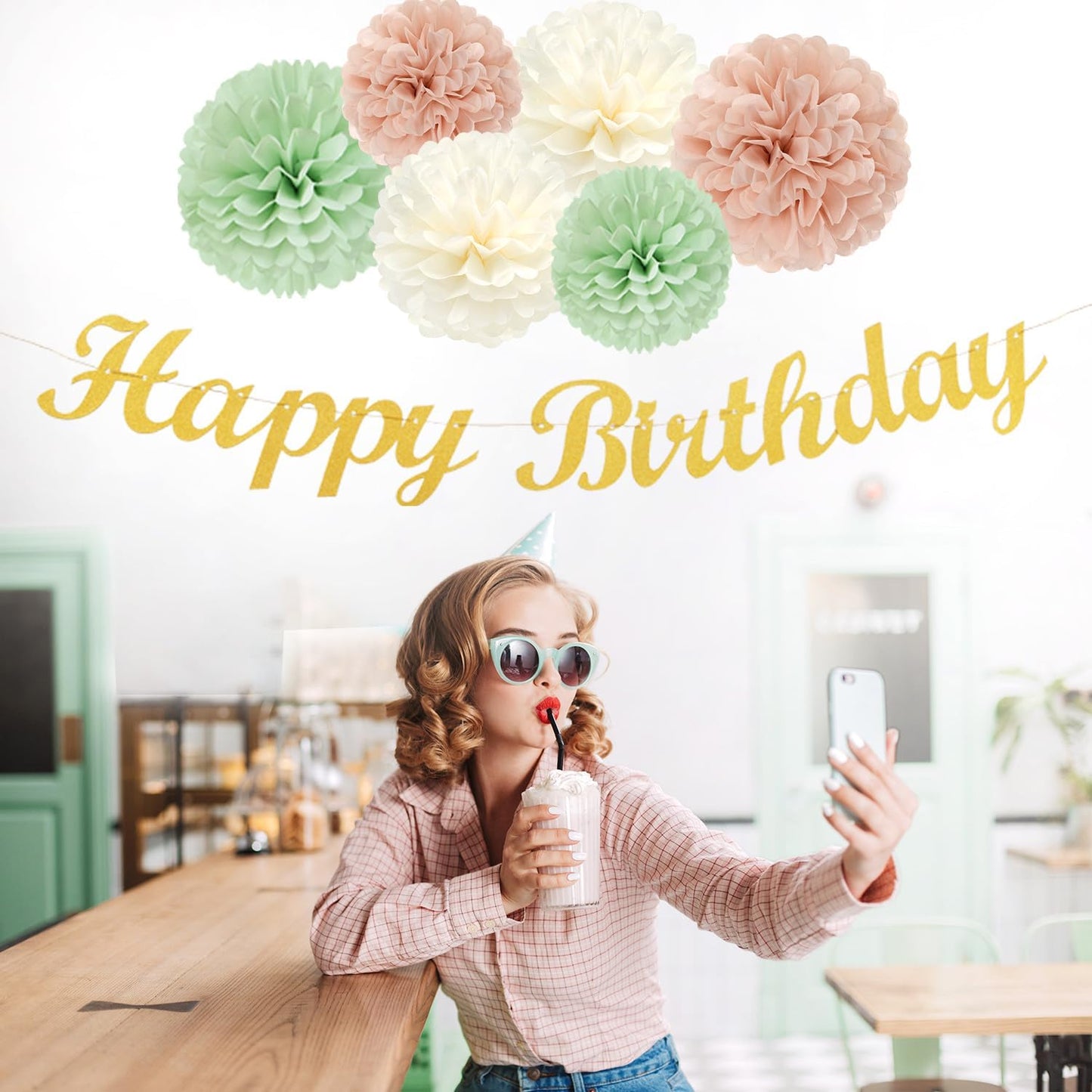 Sage-Green Blush-Pink Birthday Garland Party-Decorations - 14pcs Happy Banner 21st Spring Paper Flowers Lanterns Beige Tissue Pom Poms,Boho Streamers Fans,Neutral Rustic Hanging Supplies Decor Hugfond