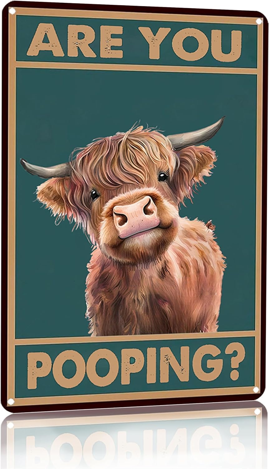 Vintage Highland Cow Tin Sign: Funny "Are You Pooping?" Bathroom Wall Decor for Western & Highland Cow Lovers 8 x 12 Inch (3039)
