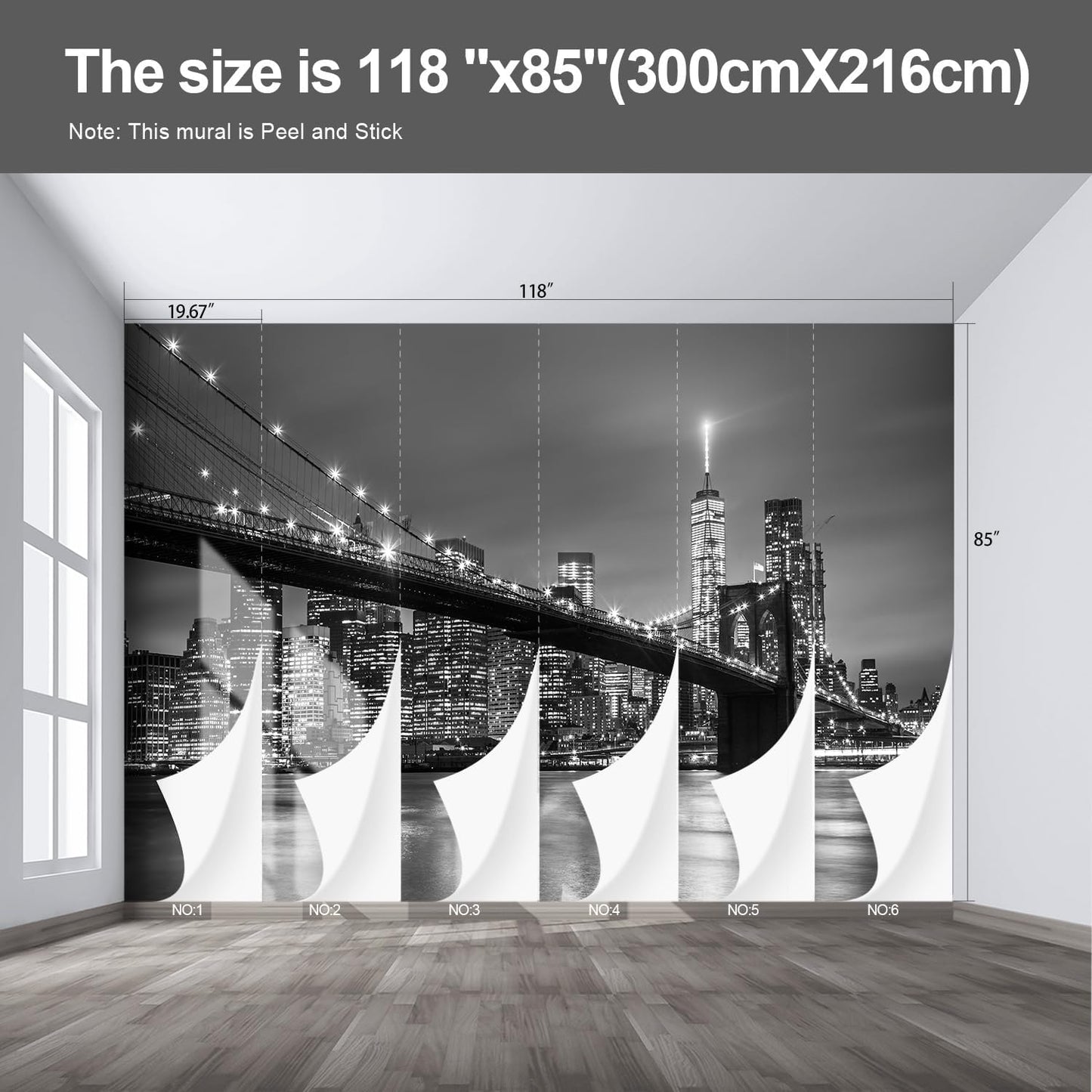 Gray Brooklyn Bridge at Night NYC Wall murals New York Peel and Stick Wallpaper for Bedroom Living Room - 85"x118"