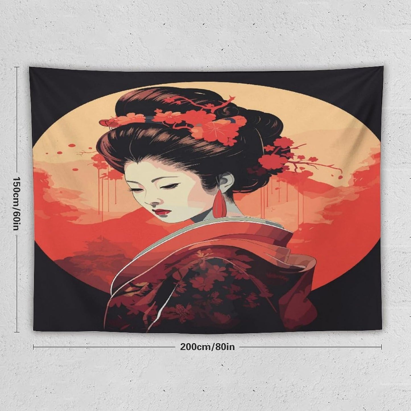 Japanese Woman Geisha Tapestry Asian Cherry Blossom Red Sun Traditional Kimono Folk Tapestries Home Decor for Living Room Bedroom Apartment Farmhouse Dorm 80"x60"