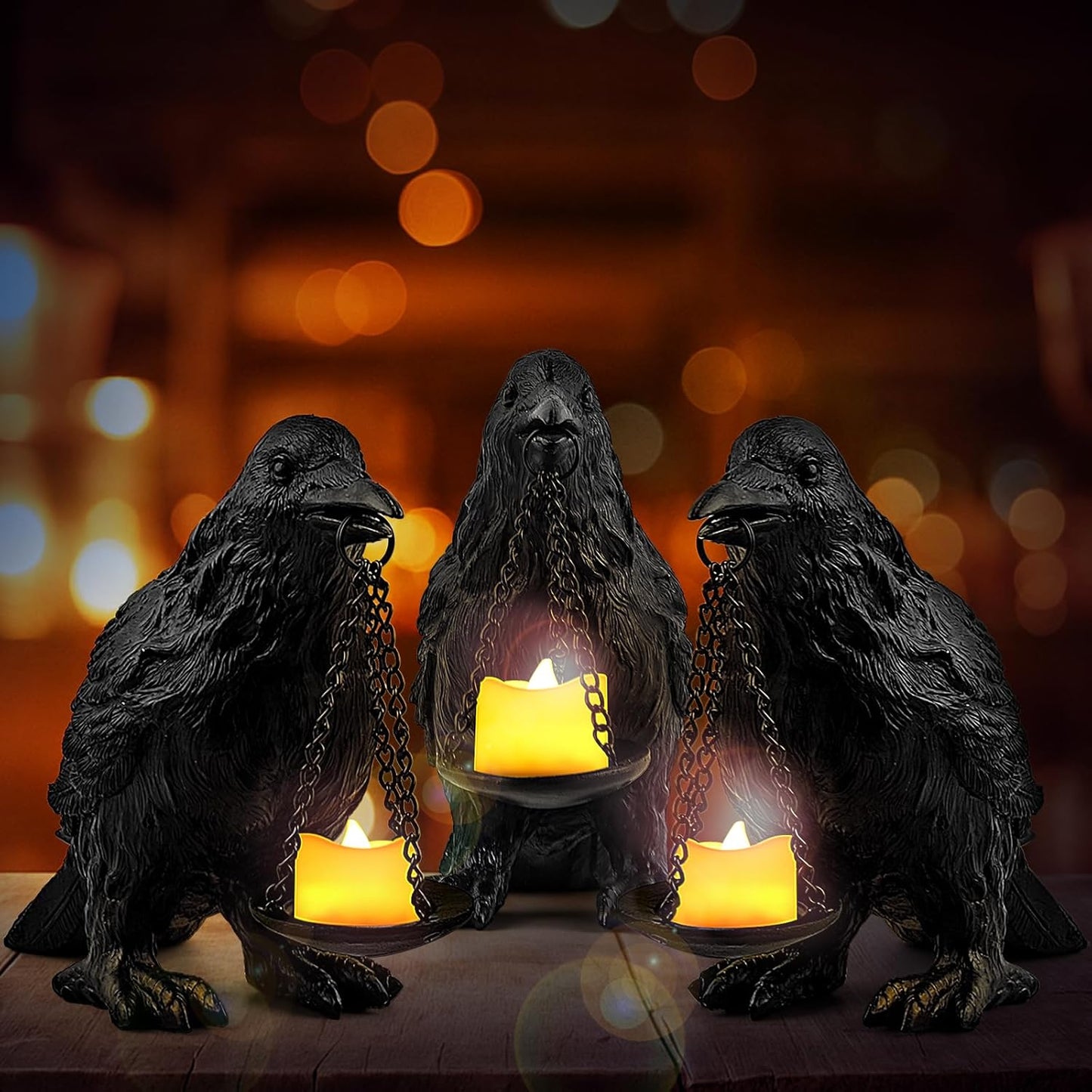 Raven Gothic Home Decor Fake Crow Light Holder Raven Lamp Tealight Candle Holder Resin Raven Statue 3PCS