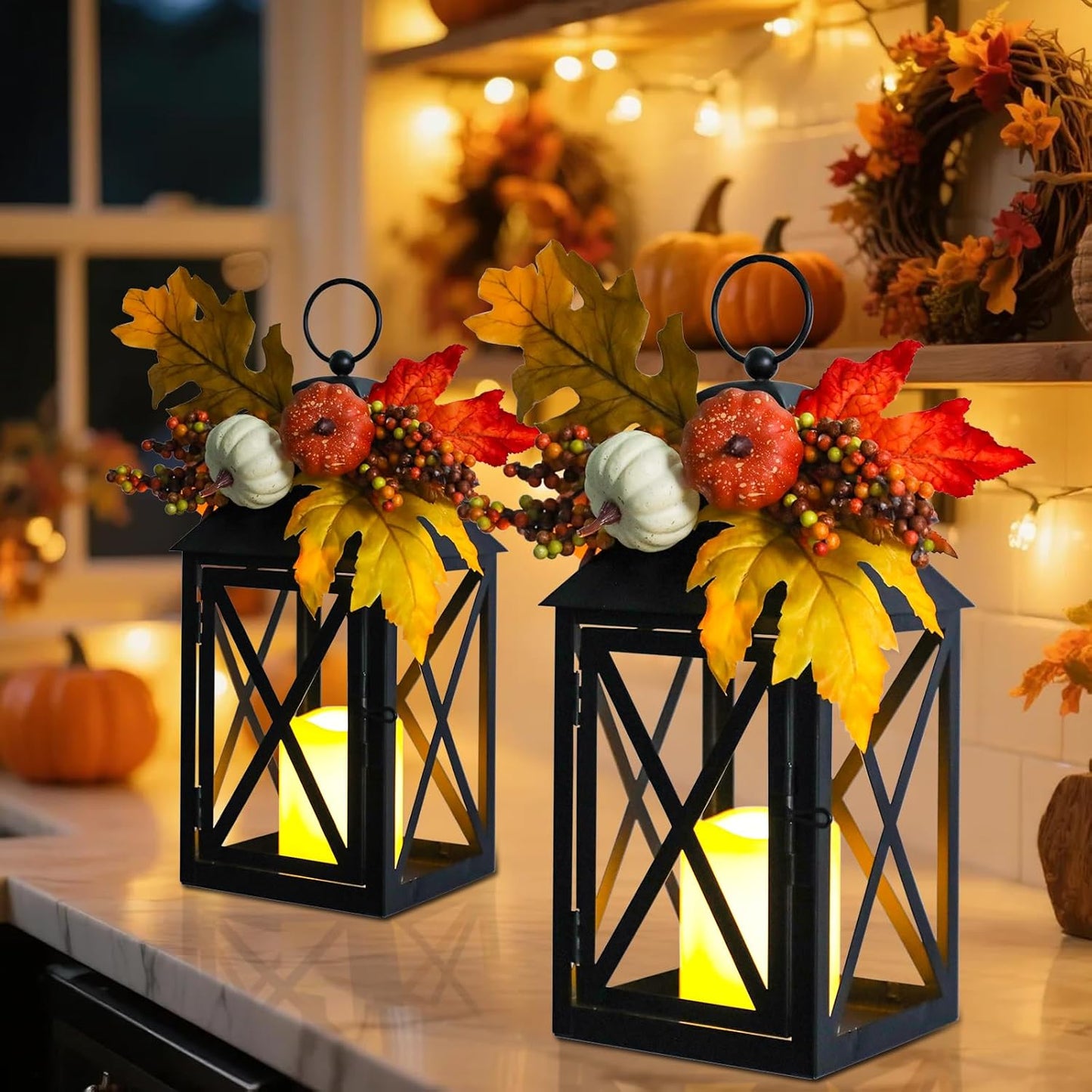 Fall Decor Lantern for Home, Large Decorative Lanterns Outdoor Waterproof 12" Battery Powered Decorative Lanterns Metal Hanging LED Candle Holder, Flameless Candle Lantern for Indoor 2 Packs