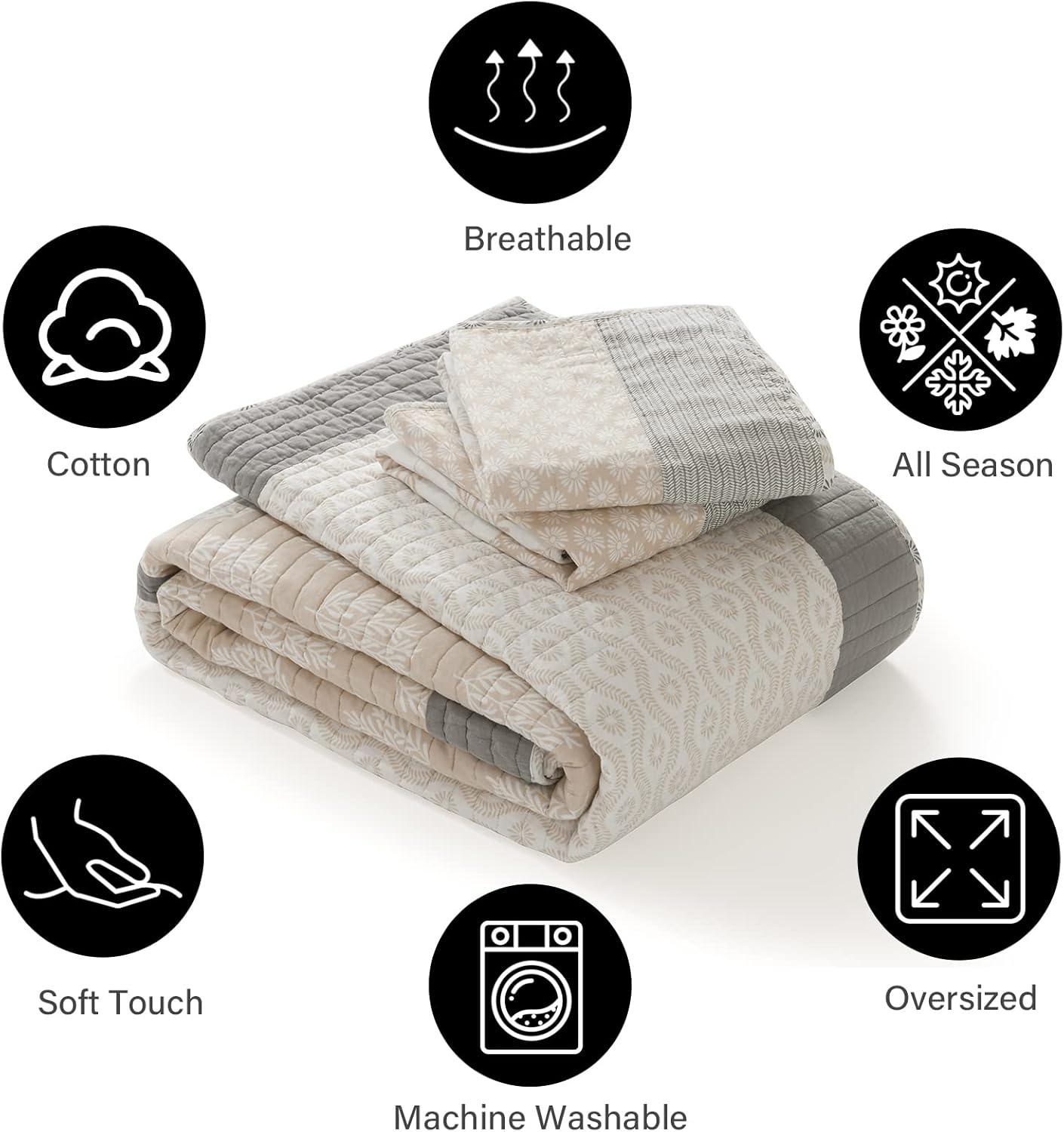 PANGUSHAN Quilt Set King Size, 100% Cotton Bedspread Quilt Bedding Set, Floral Patchwork Quilt Set for King Bed, Moonbeam Bed Spread, Lightweight Comforter Reversible Quilt, All Season, 3 Pieces