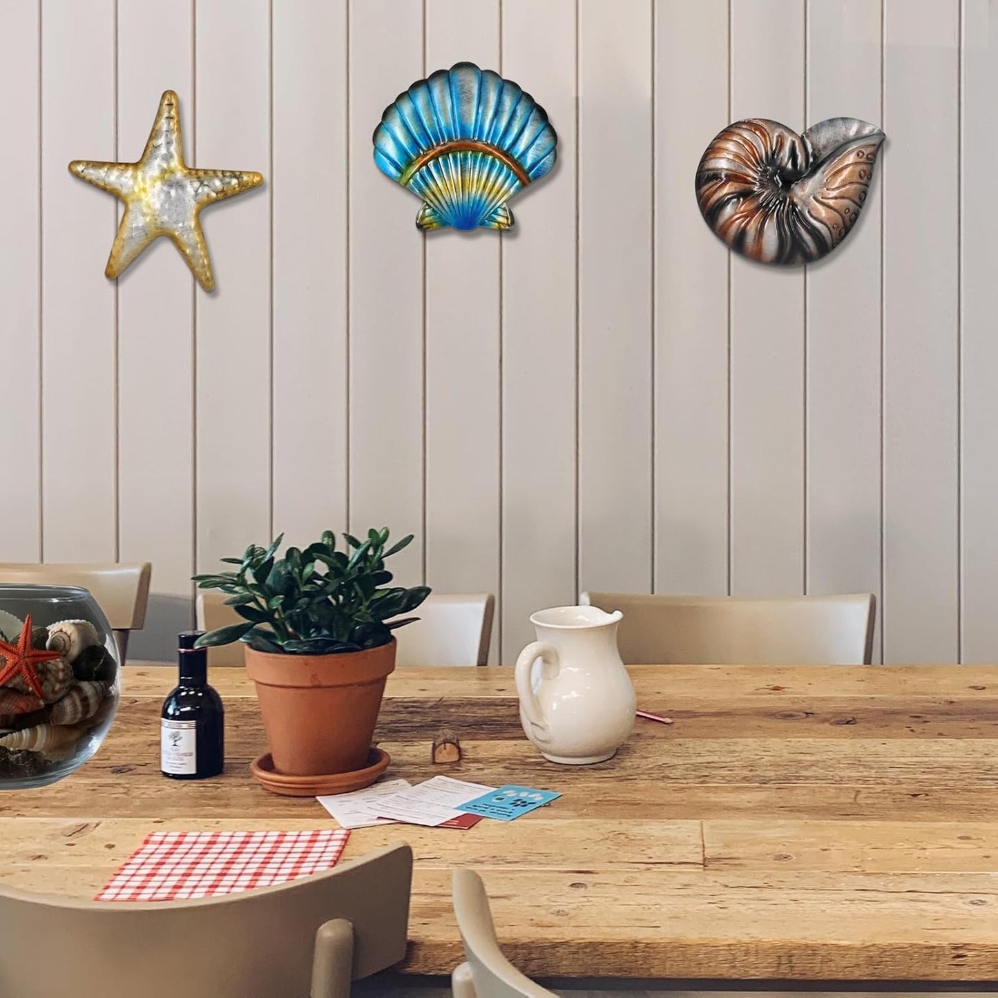 Metal Ocean Wall Sculptures Outdoor Metal Sea Star Conch Wall Art Decor Pool Garden Patio Bathroom Yard Farmhouse Fence Deck