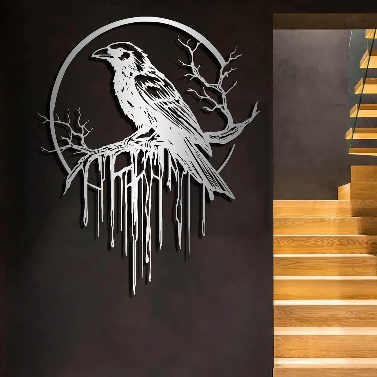 Crow Metal Wall Decor, Raven Wall Art, Large Gothic Raven Decor Hangings, Bird Wall Decor, Metal Tree Branch Decor, Ravens Sign, Raven Art for Living Room (White, 39"x31" | 100x80cm, metal wall art)