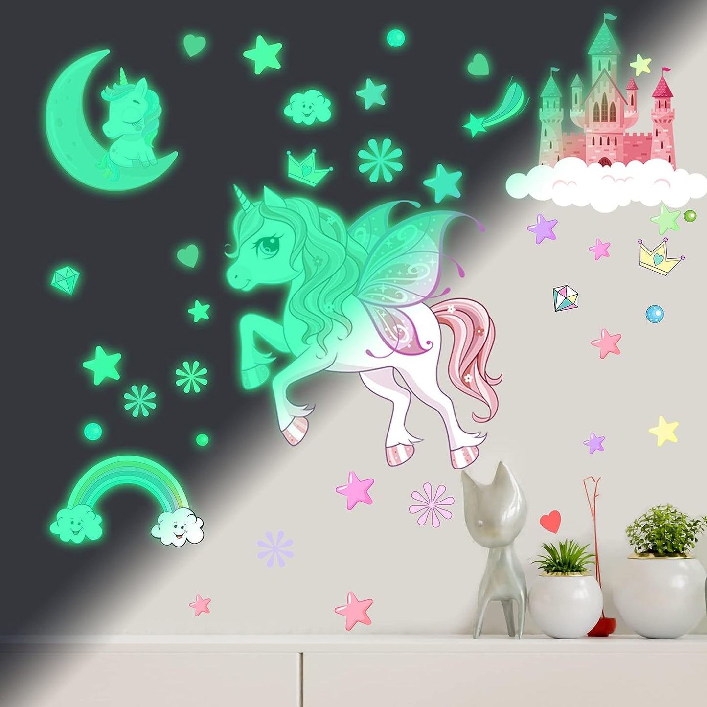 Glow in The Dark Stars Unicorn Wall Decals, Castle Moon Rainbow Stickers for Ceiling, DIY Unicorn Wall Decor for Nursery Girls Playroom, Kids Christmas Birthday Party Decoration