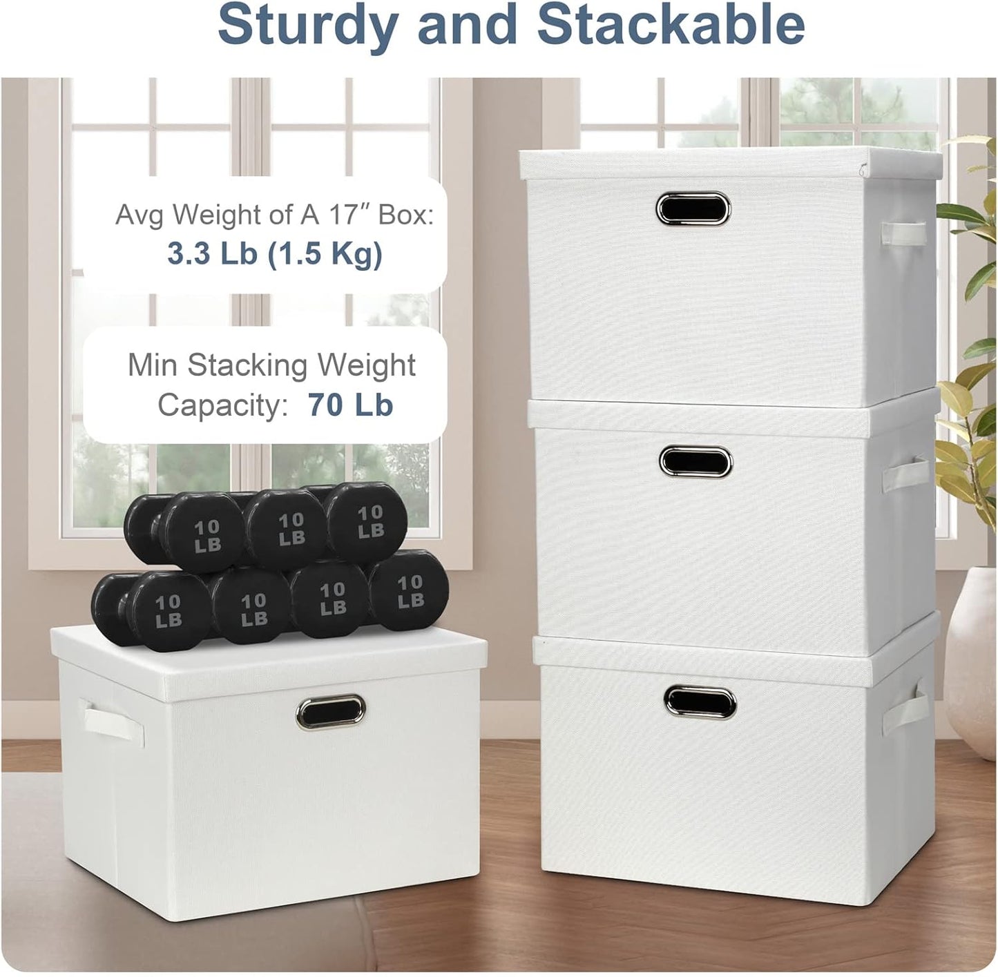 Large 17" 36 Quart Collapsible Stackable Storage Bins with Lids, 1 Pack White Foldable Fabric Closet Storage Boxes with Lids, 4 Handles Heavy-duty Linen Cube Baskets for Bedroom