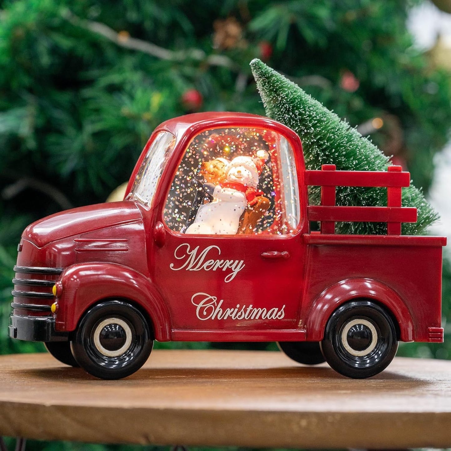 Christmas Snow Water Lantern Glittering Snowman and Pup in Red Truck with Christmas Tree, USB Lined/Battery Operated Lighted Spinning Lantern for Christmas Festival Decoration Gifts