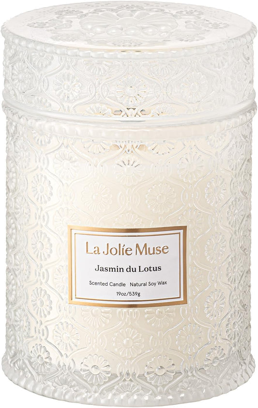 LA JOLIE MUSE Jasmin du Lotus Candle - Ivy, Jasmine, Cedarwood | 19 oz Large Wooden Wick Candle | Natural Soy Wax | 90 Hours Clean Burn | Gift-Ready for Hosts & Gatherings | Modern Home Decor