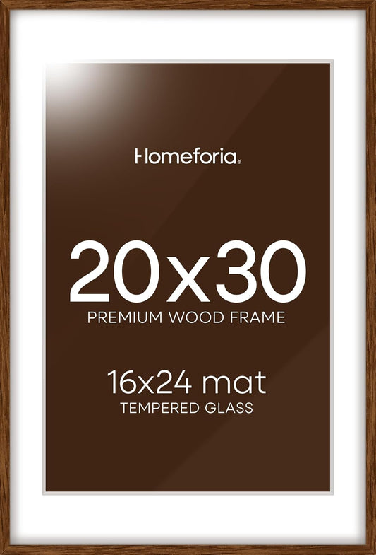 Homeforia 20 x 30 Walnut Frame, High End Dark Oak 20x30 Wooden Poster Frames with Mat 16x24, 20 x 30 Brown Wood Picture Frame Matted to 16 x 24, 30x20 Hanging Frame, Tempered Glass, Wall Kit, Set of 1