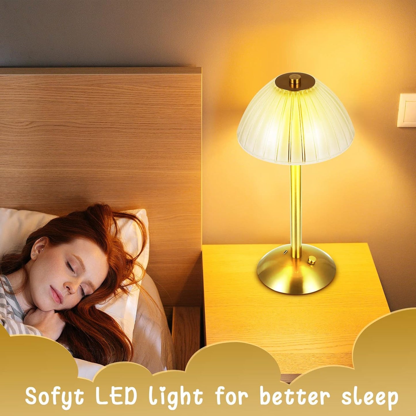 Liliful 2 Pcs LED Portable Cordless Table Lamp Touch Battery Operated Rechargeable Desk Lamp 3 Color Dimmable for Bedroom Living Room Dining (Mushroom Style,Gold)