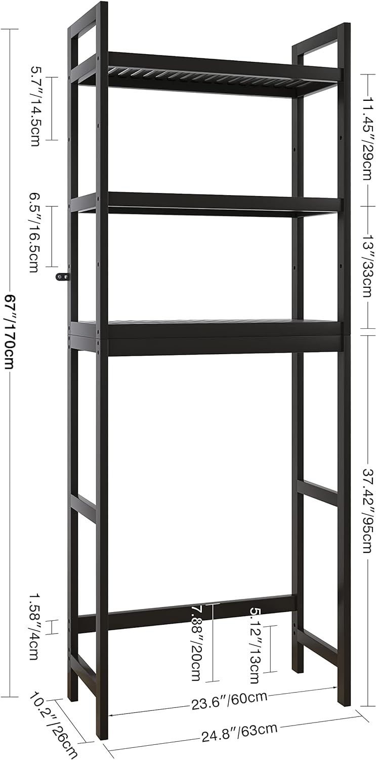 SMIBUY Bathroom Storage Shelf, Bamboo Over-The-Toilet Organizer Rack, Freestanding Toilet Space Saver with 3-Tier Adjustable Shelves (Black)