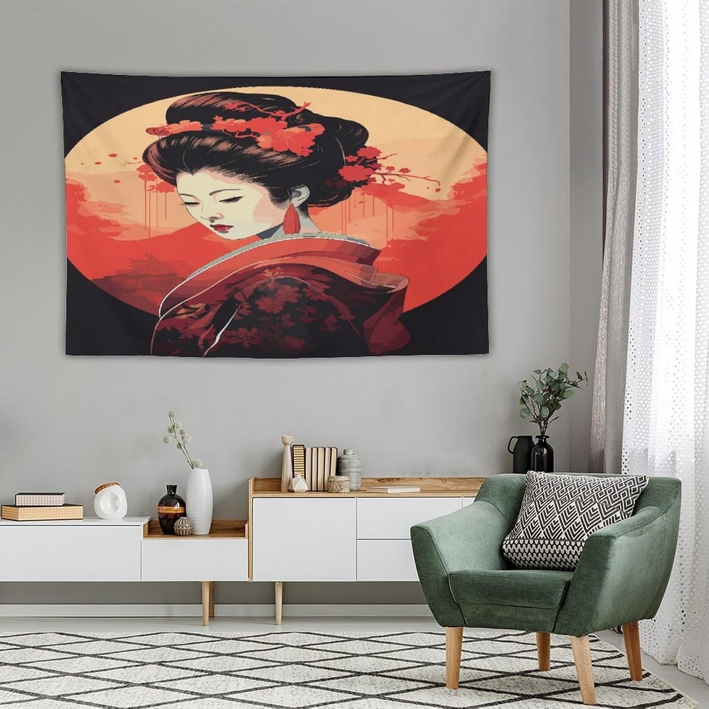 Japanese Woman Geisha Tapestry Asian Cherry Blossom Red Sun Traditional Kimono Folk Tapestries Home Decor for Living Room Bedroom Apartment Farmhouse Dorm 90"x60"