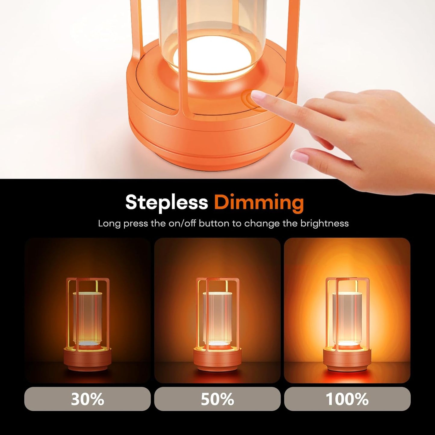 Portable Metal Table Lamp for Indoor/Outdoor ,Rechargeable Cordless LED Lamp, 3-Colour Infinitely Dimming Battery Powered Small Desk Lamp, Restaurant/Bedroom/Bar/Coffee Shop/Camping Light (Orange)
